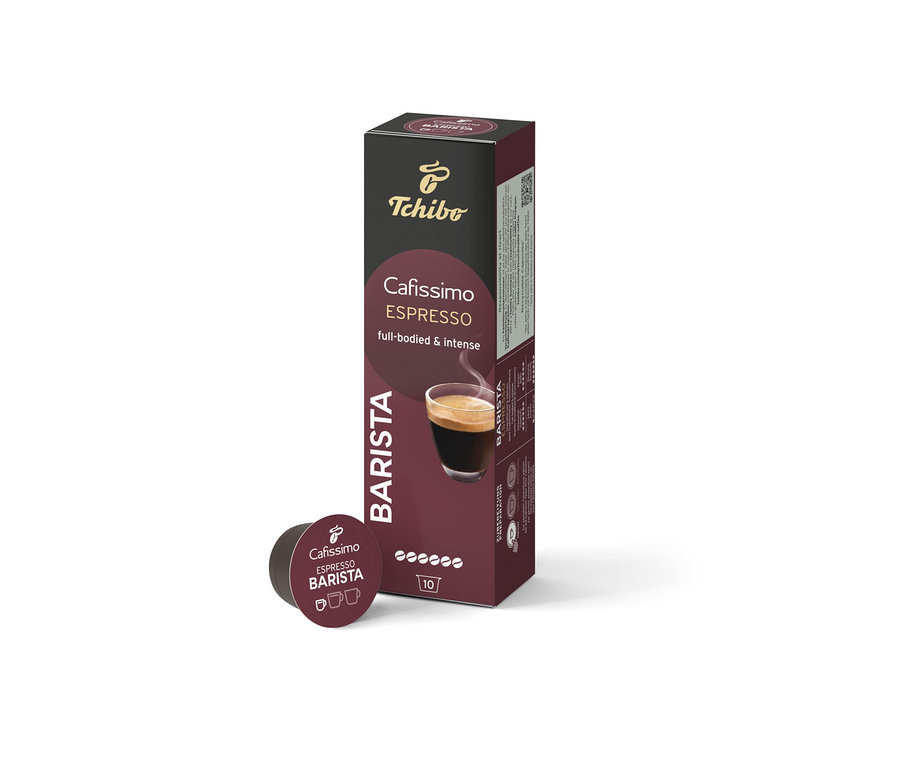 Bir paket Cafissimo Barista Edition Espresso – 10 Kapsül ve paketin yanında tek bir kapsül.