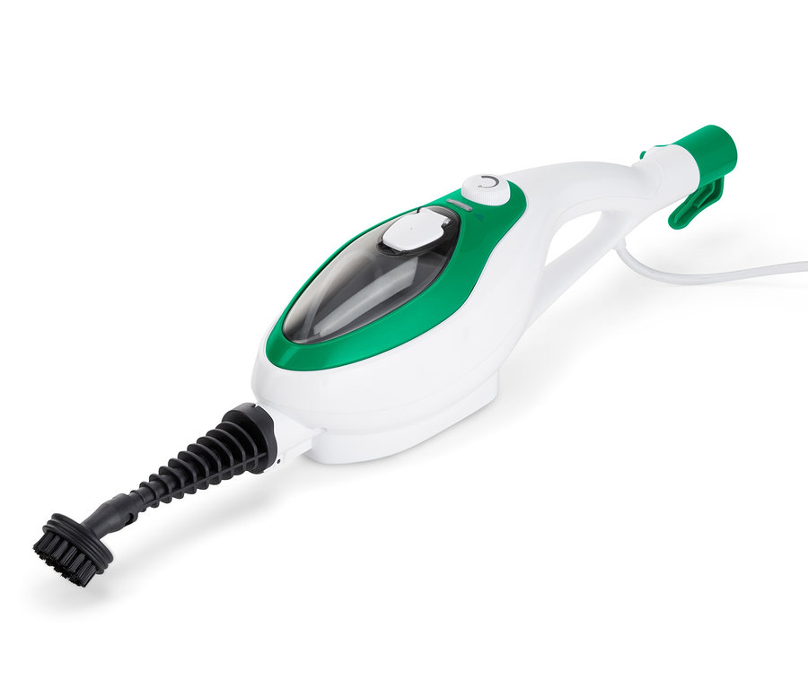 Beyaz arka plan üzerinde siyah fırçalı çok fonksiyonlu buharlı paspasın yakın çekimi.