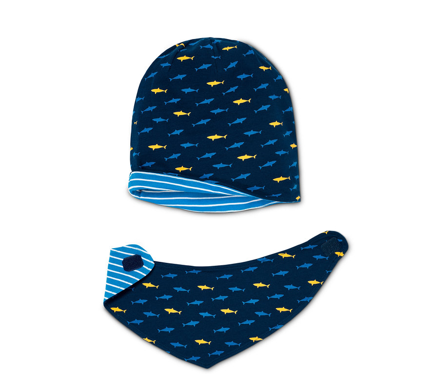 Sarı ve mavi köpekbalığı desenli lacivert bere ve boyunluk.