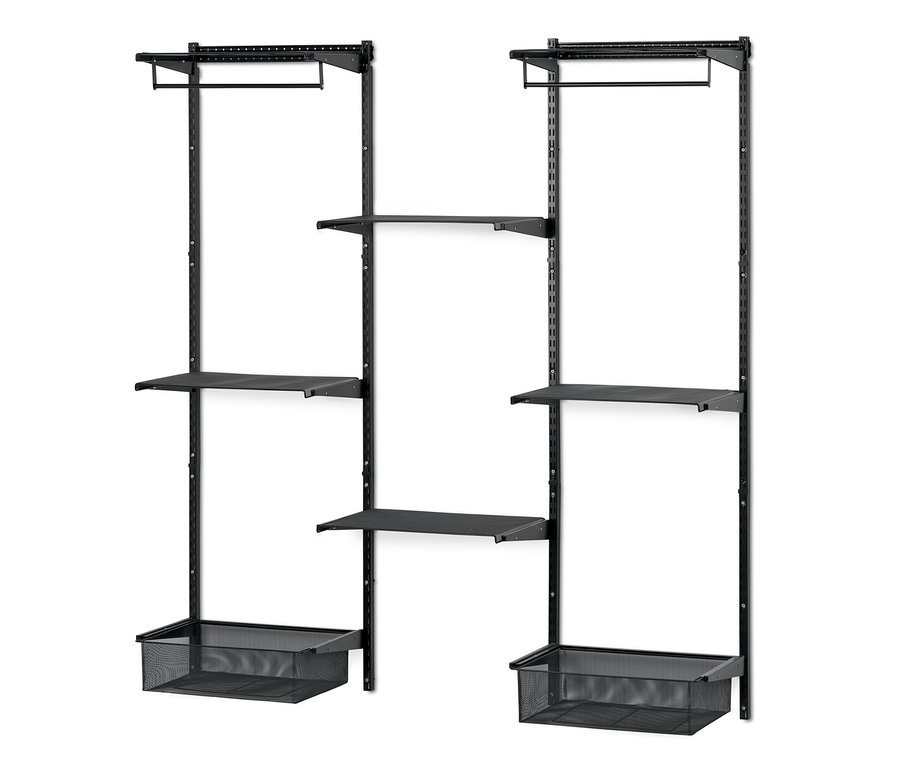 Raflı ve tel sepetli iki adet siyah Duvar Ünitesi.