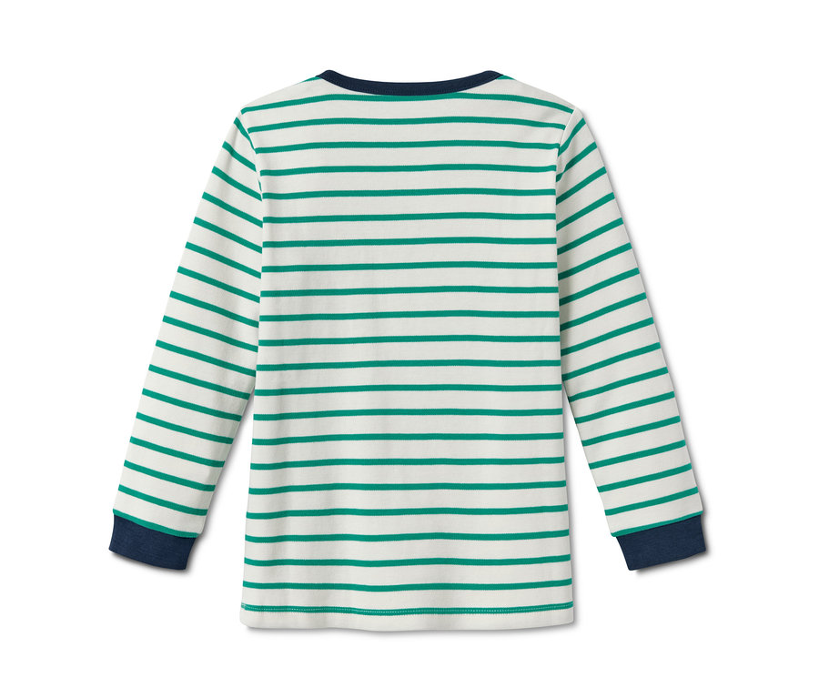 Beyaz zemin üzerinde yeşil şeritli, uzun kollu, organik pamuklu interlok pijama.