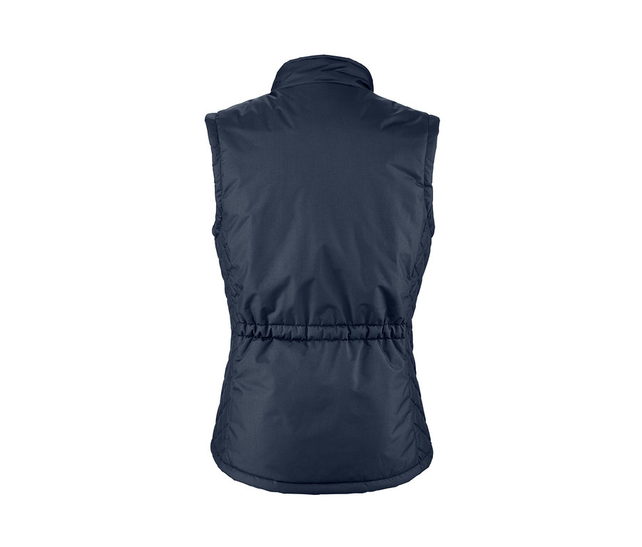 Geri dönüştürülmüş malzemeden lacivert kadın binici yeleği, arka görünümü.