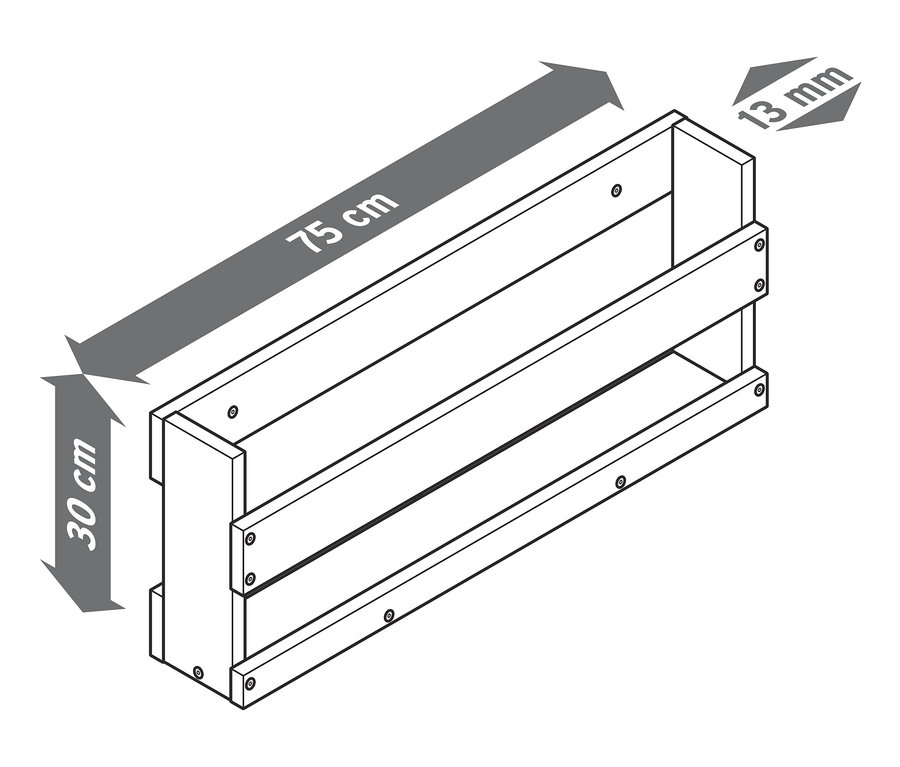 75 cm x 30 cm x 13 mm ölçülerinde bir duvar rafı çizimi.