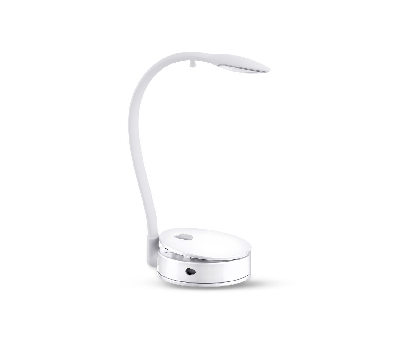 Kavisli kollu ve yuvarlak tabanlı beyaz bir LED Okuma Lambası.