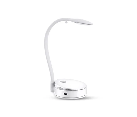 Kavisli kollu ve yuvarlak tabanlı beyaz bir LED Okuma Lambası.