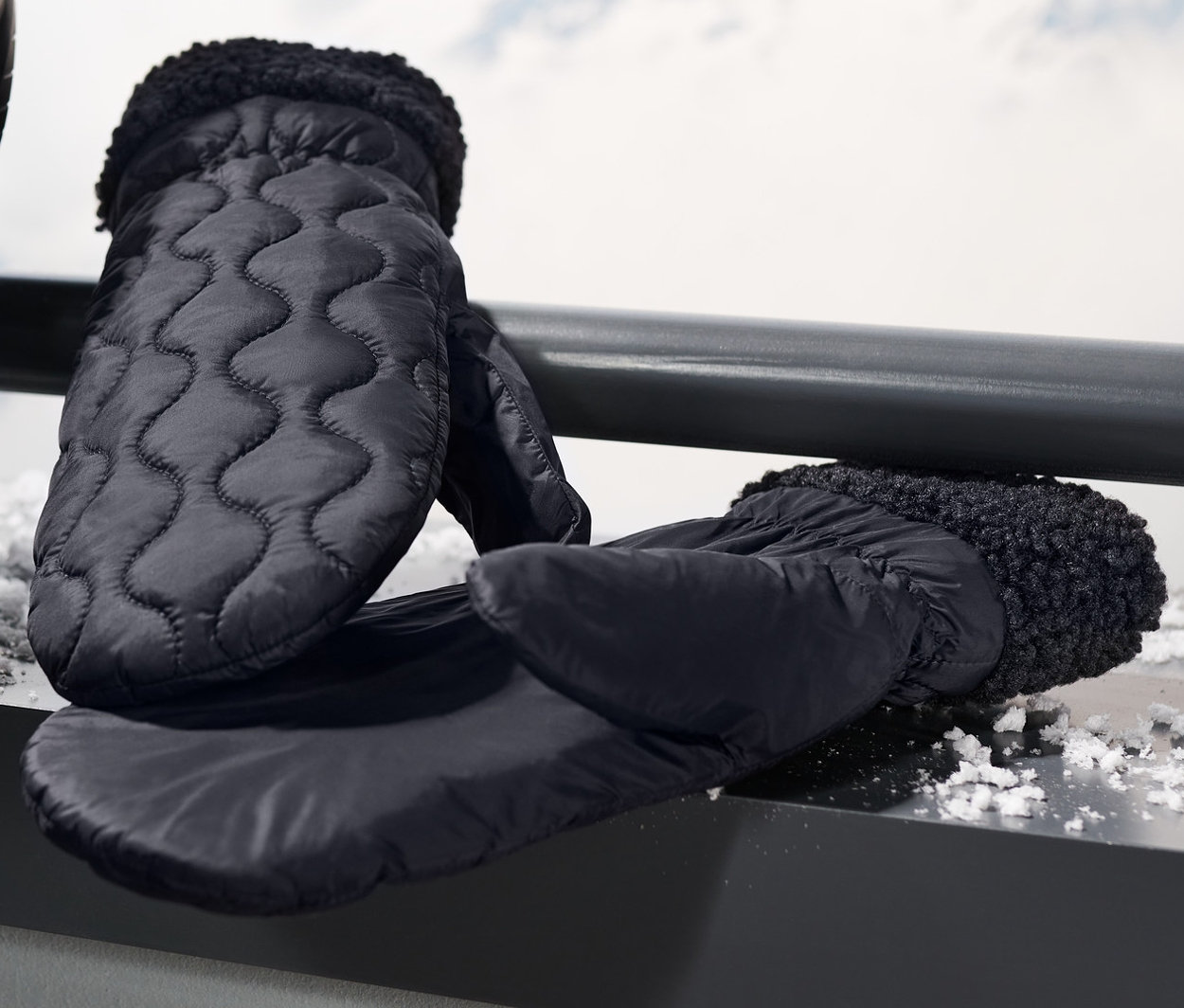 Siyah kapitone eldiven ve arka planda dağlar bulunan bir korkuluğa yaslanmış kayaklar.