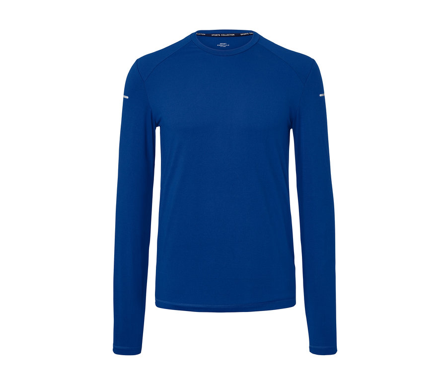 Mavi uzun kollu fonksiyonel tişört.