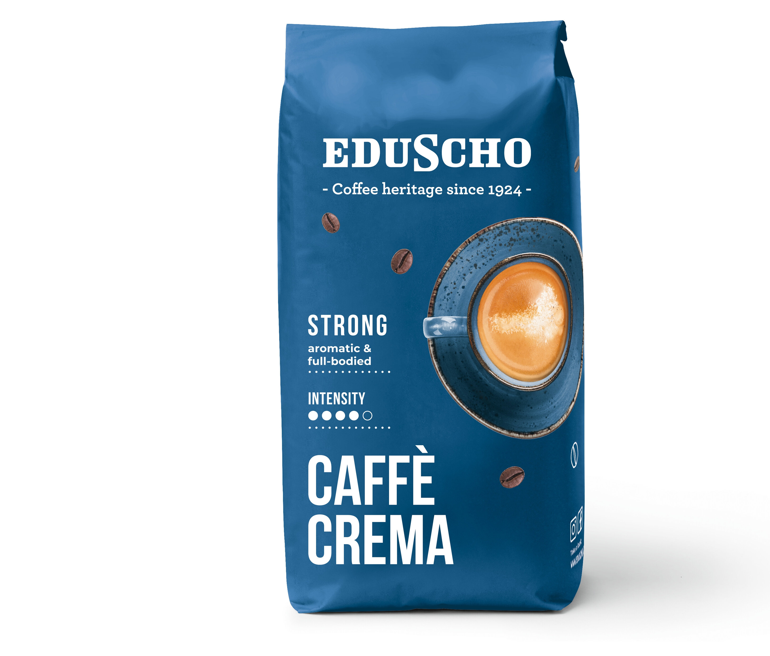 Mavi paket Eduscho Caffè Crema Strong - 1 kg Çekirdek Kahve.