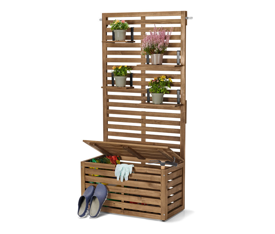 Çiçekler ve bahçe aksesuarlarıyla birlikte Stauraumtruhe ile »Lenja« balkon koruma bankı.