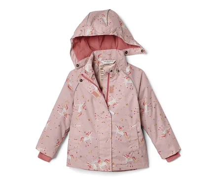 Pembe, unicorn ve yıldız desenli çocuk termal yağmurluk.