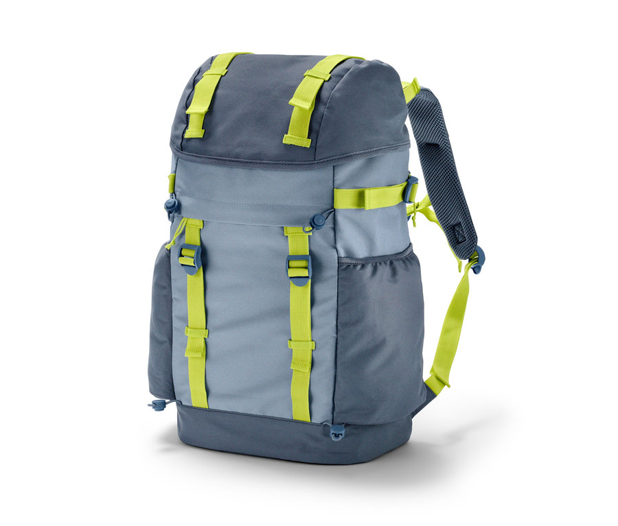 Lime yeşili kayışları olan gri-mavi bir Outdoor Sırt Çantası.