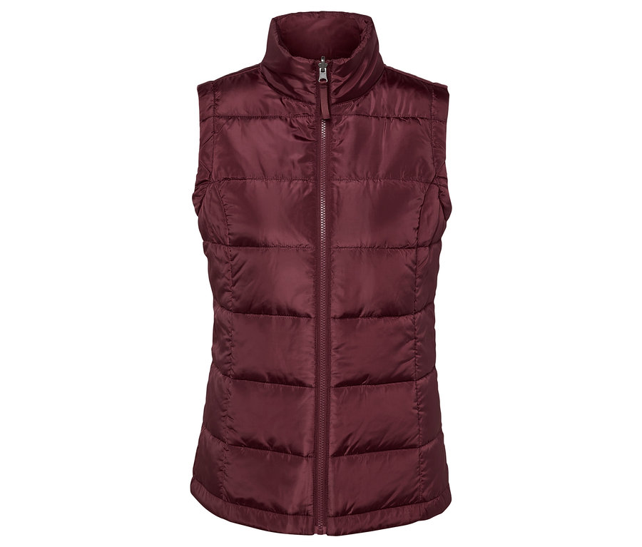 Ortasında fermuar bulunan bordo, kapitone yelek.