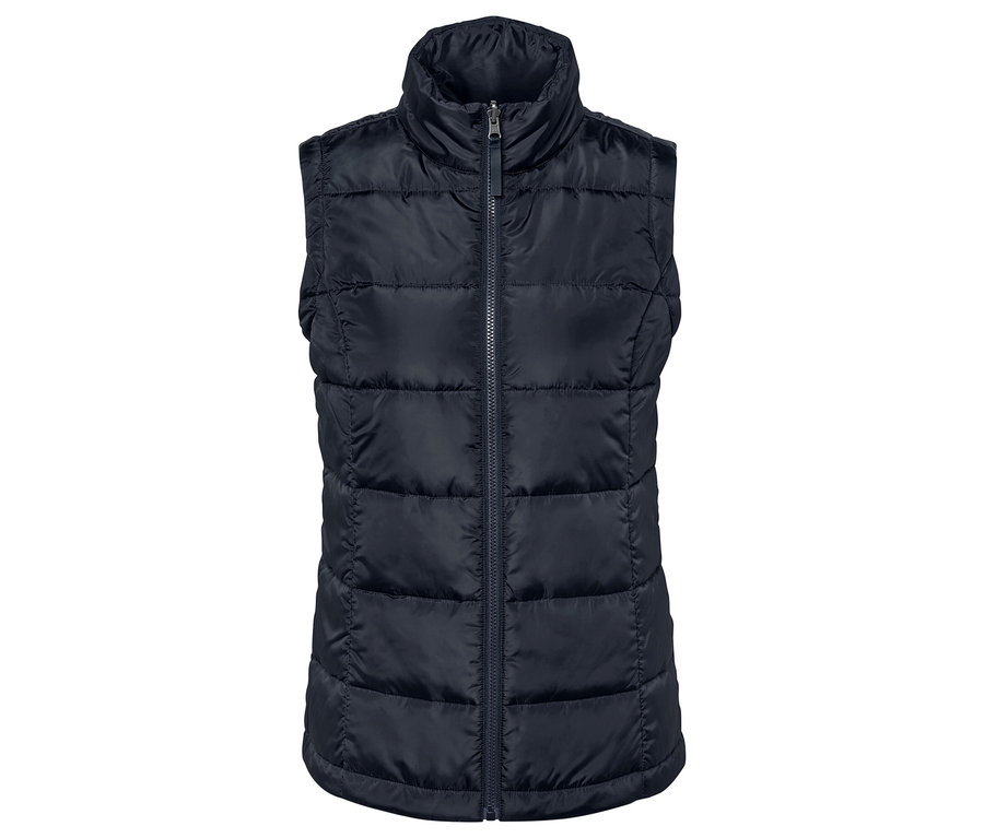 Ortasında fermuarı olan siyah, kapitone yelek.