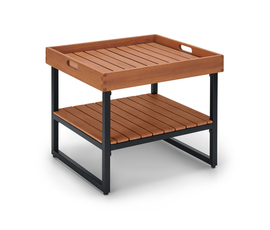 Çıkarılabilir Tepsi Tablalı Sehpa, çıtalı tablalı ve siyah metal çerçeveli.