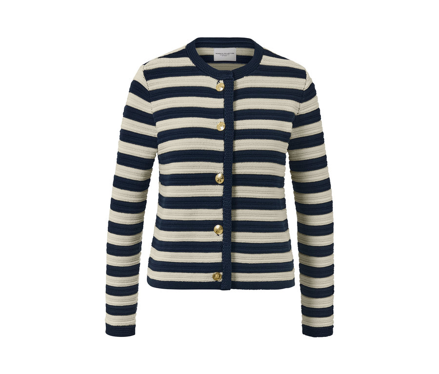 Düğmeli, çizgili dokulu örgü hırka. 