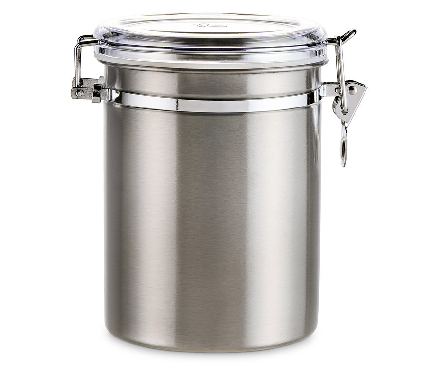 Şeffaf kapaklı, paslanmaz çelik aroma kutusu.