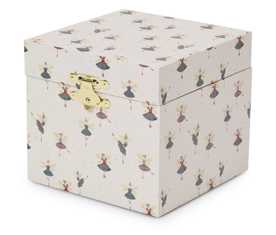 Balerin deseni ve altın rengi tokası olan kapaklı kare kutu.