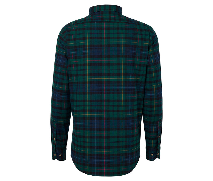 Yeşil kareli, uzun kollu bir gömleğin arka görünümü.
