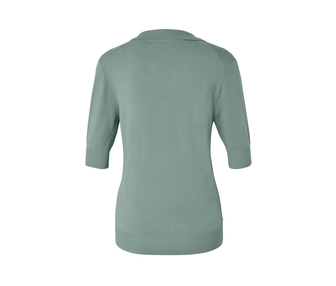 Açık yeşil, ince örgülü bir polo tişörtün arka görünümü.