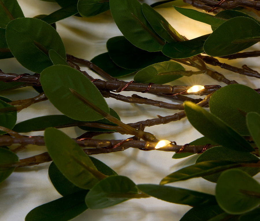 Arka planda yaprakları ve LED ışıkları olan sapların yakın çekimi.