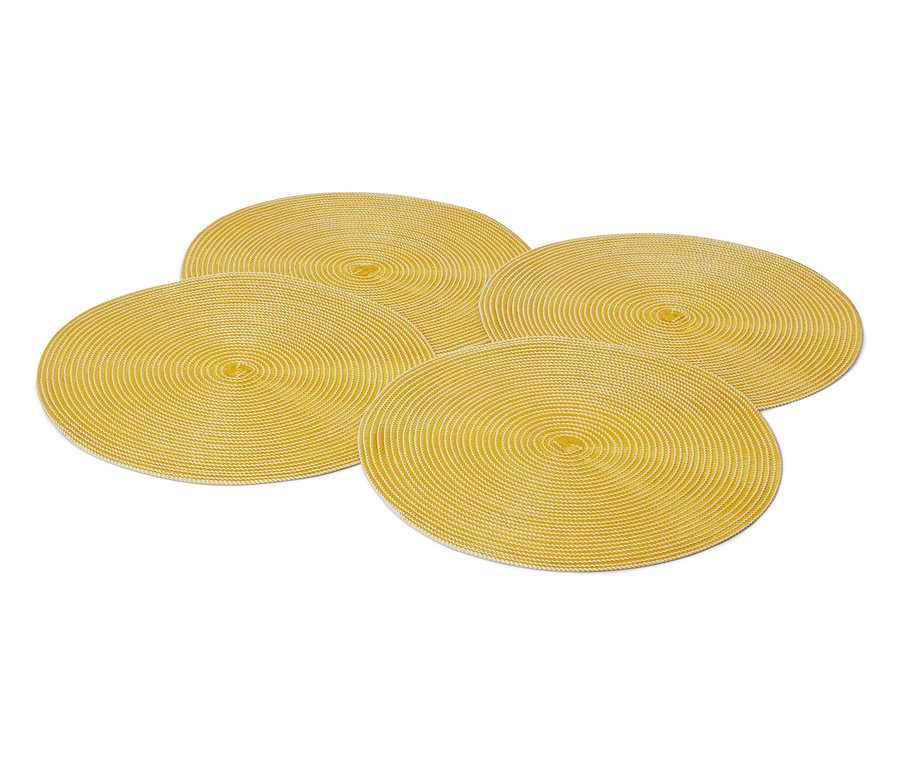 Beyaz bir arka plan üzerinde dört adet sarı yuvarlak Amerikan servisi.