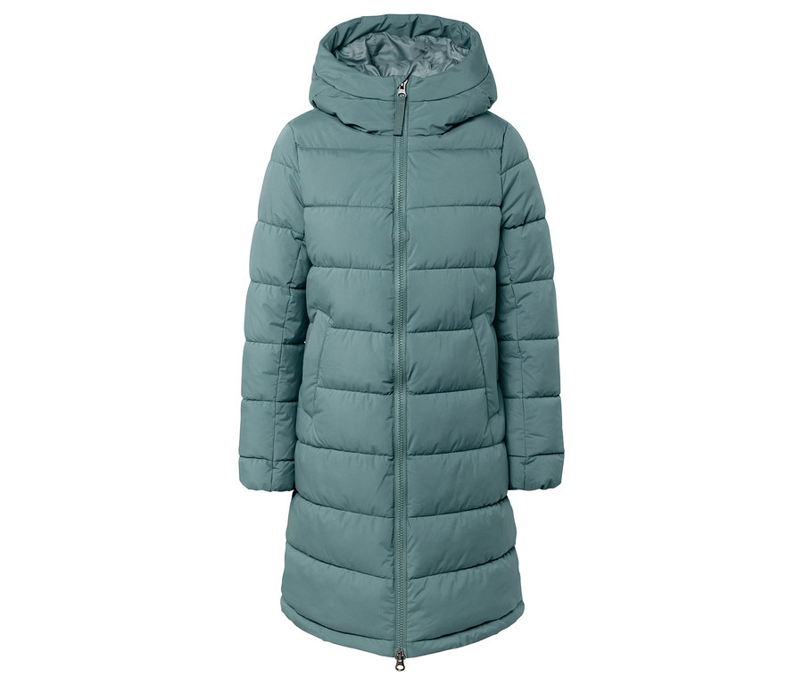 Turkuaz kapüşonlu, kapitone şişme mont