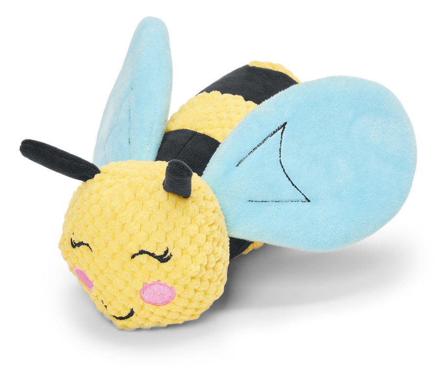 Siyah çizgili, mavi kanatlı ve pembe yanaklı sarı peluş arı.