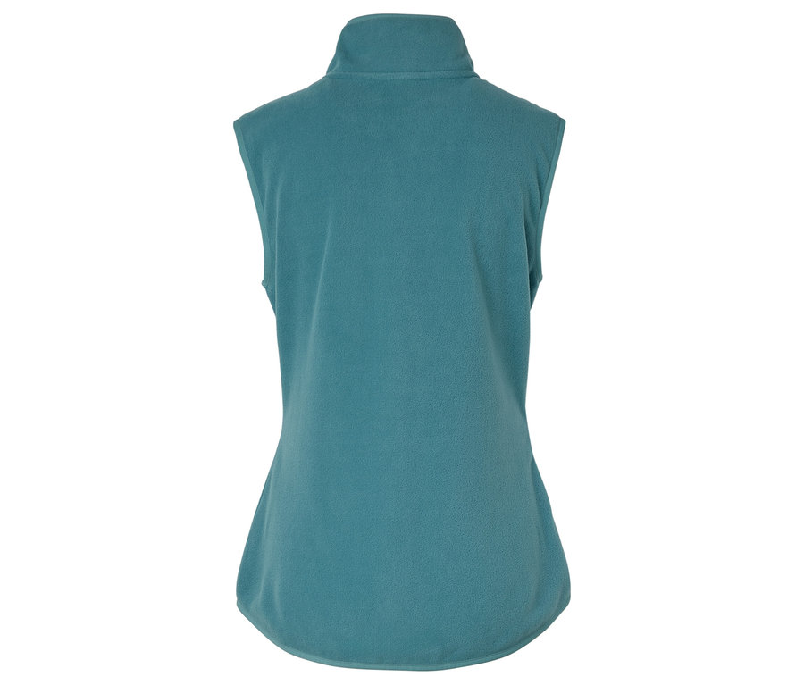 Fermuarlı yakalı, teal renkli, kolsuz bir polar yeleğin arka görünümü.