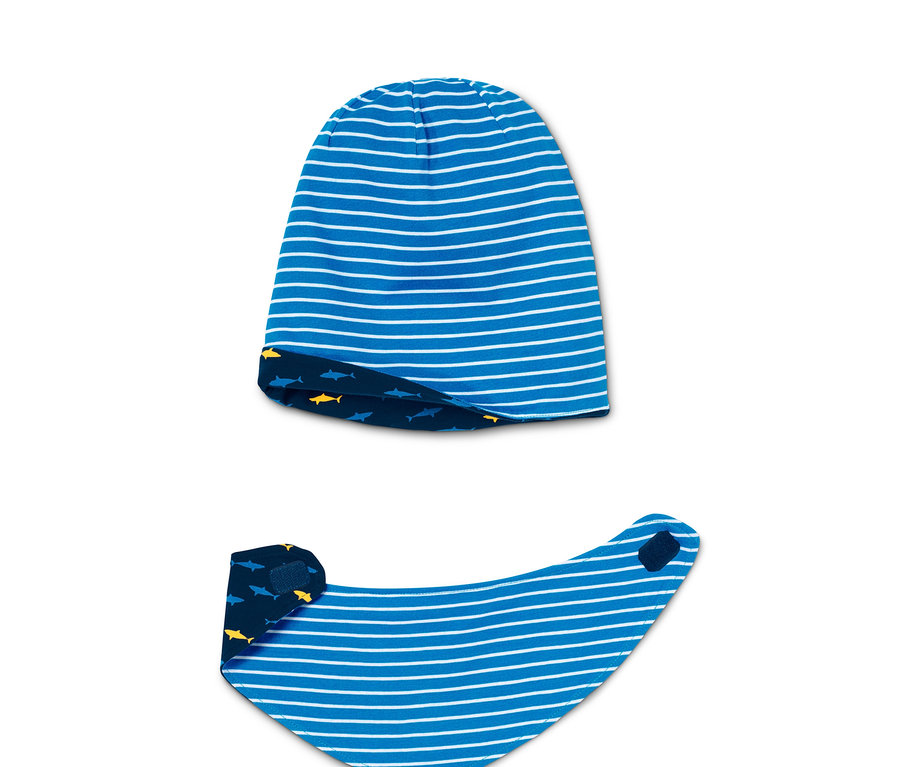 Çizgili mavi bere ve boyunluk.