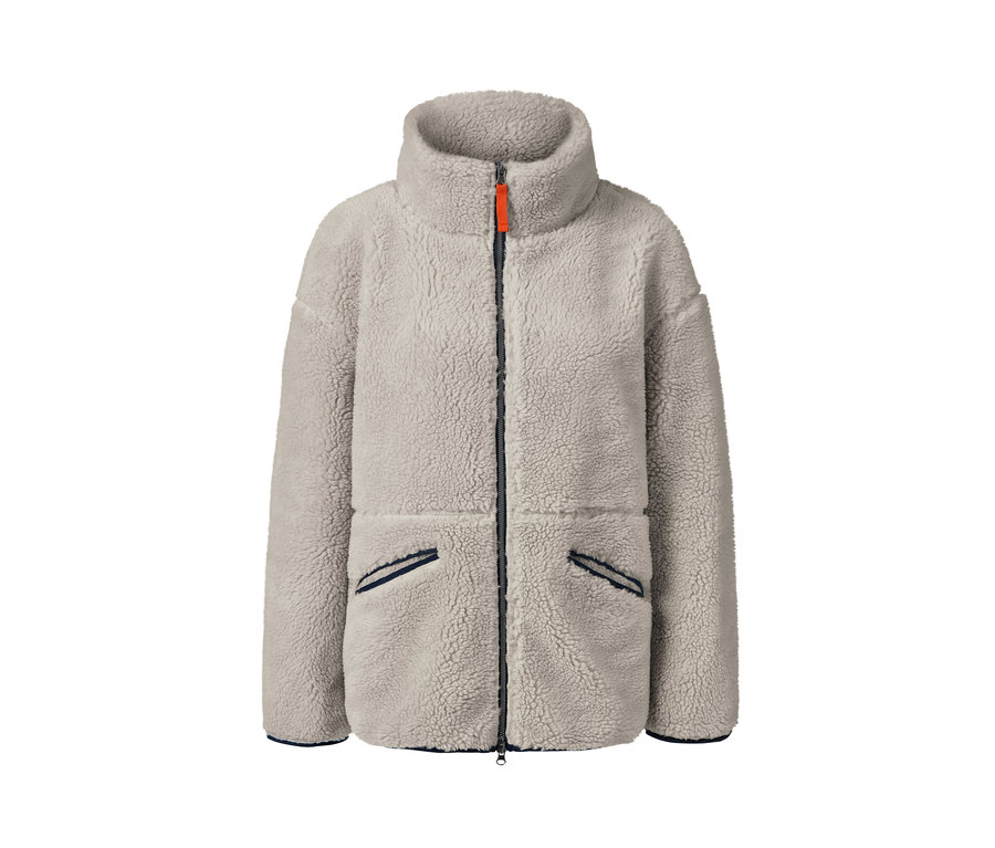 Tamamı fermuarlı, bej rengi, oversize pelüş mont.