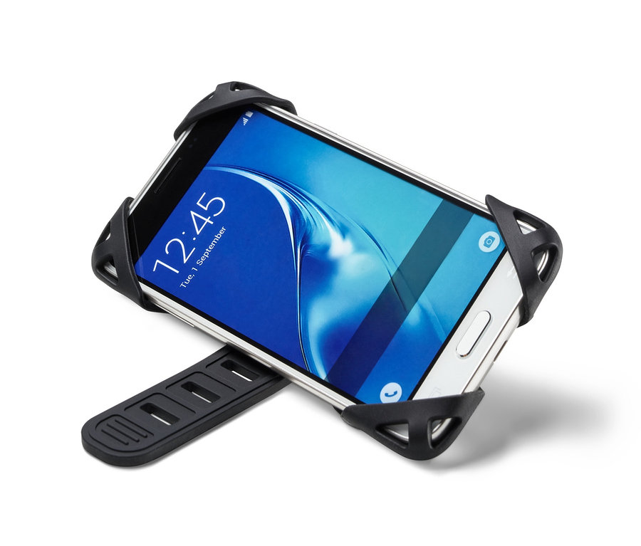 Beyaz akıllı telefon, siyah bir Bisiklet Akıllı Telefon Tutucusuna takılı.