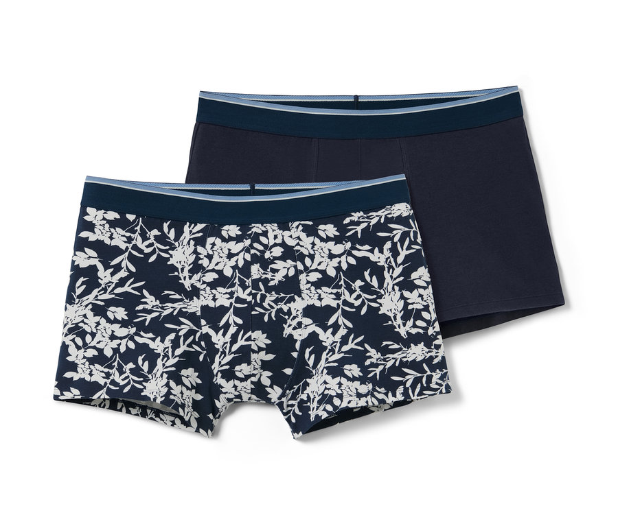 Biri çiçek desenli, diğeri düz olmak üzere iki adet mavi slip boxer.