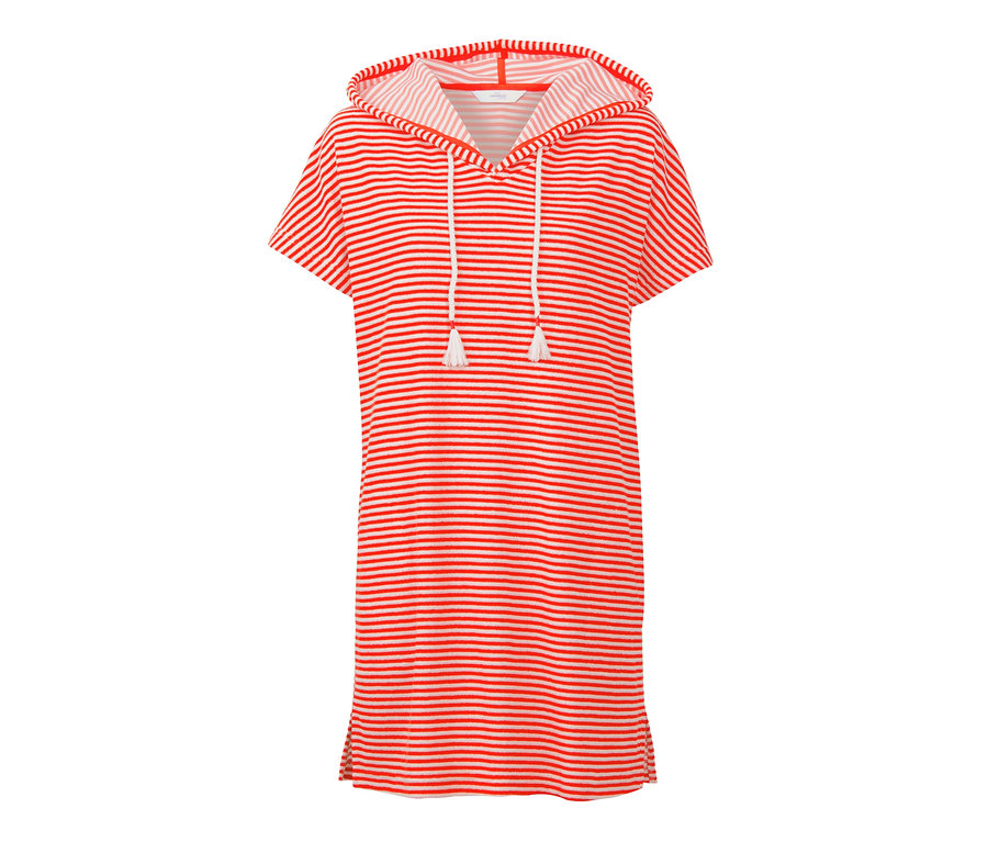 Kapüşonlu ve büzgülü, çizgili havlu plaj elbisesi.