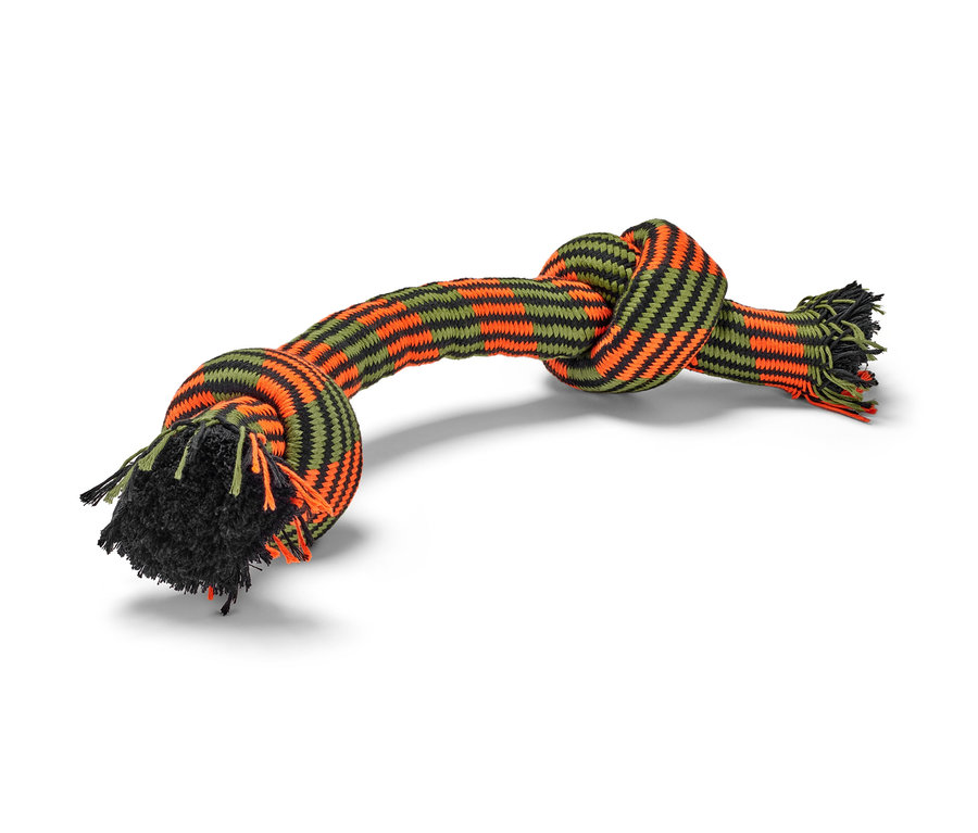 Turuncu, zeytin yeşili ve siyah renklerde düğümleri ve püskülleri olan bir Köpek Oyuncağı »Halat«.