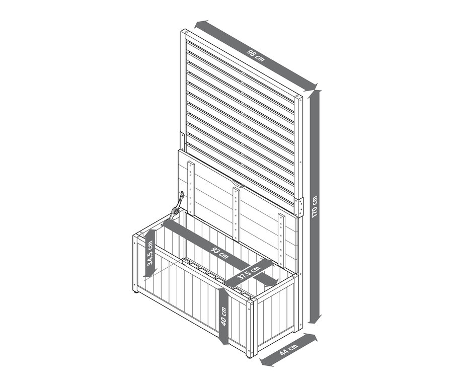 İlgili boyutlarla birlikte »Elin« sandıklı banklı paravan modülünün şematik çizimi.