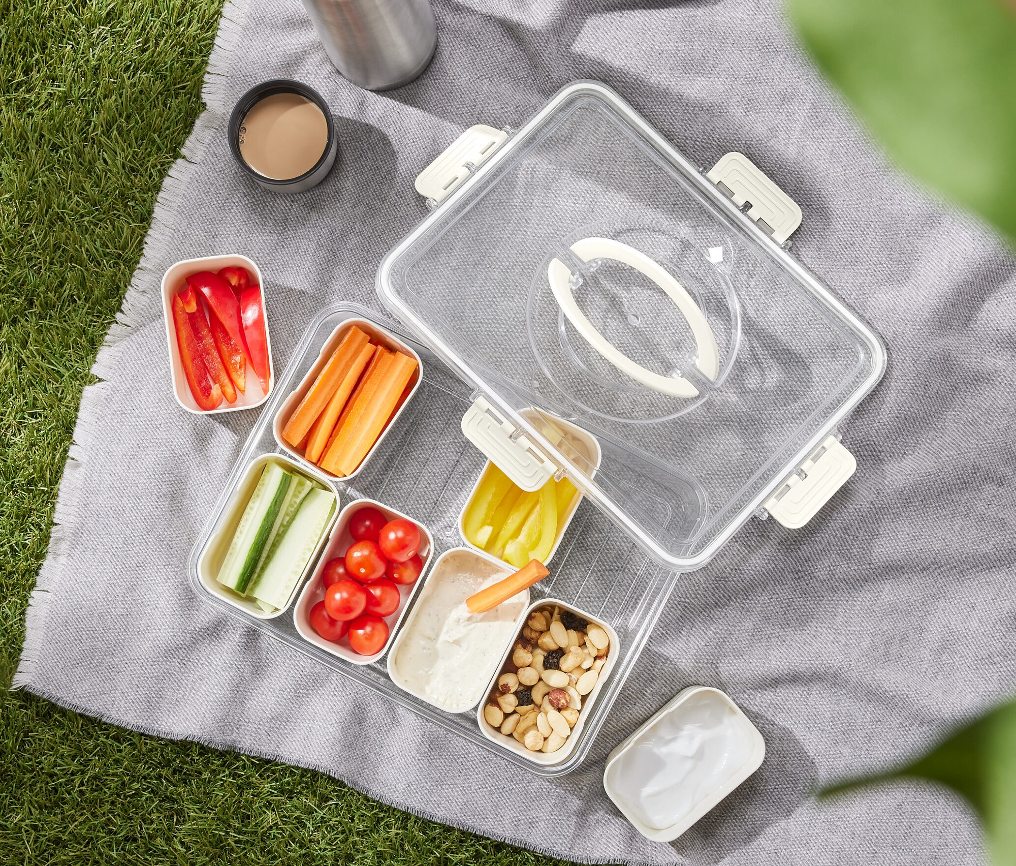 Bir örtü üzerinde doğranmış sebzelerle birlikte bir Yolculuk İçin Atıştırmalık Kutusu.