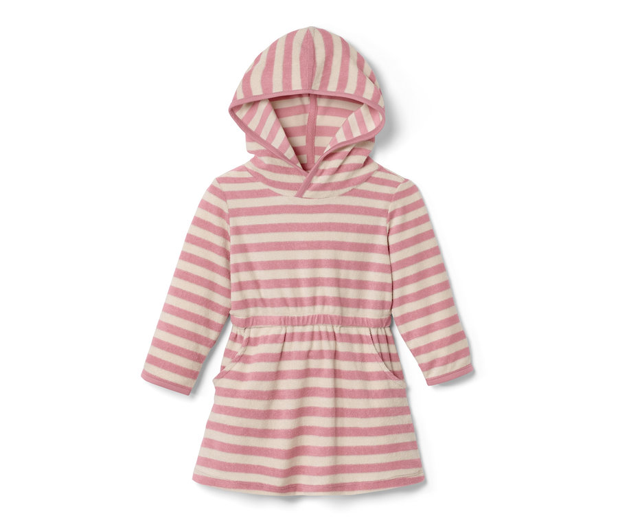Kapüşonlu, çizgili çocuk havlu elbisesi.