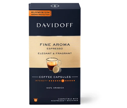 Bir paket Davidoff Fine Aroma Espresso kahve kapsülü. Paket mavi renkte ve bir espresso fincanı resmi var.