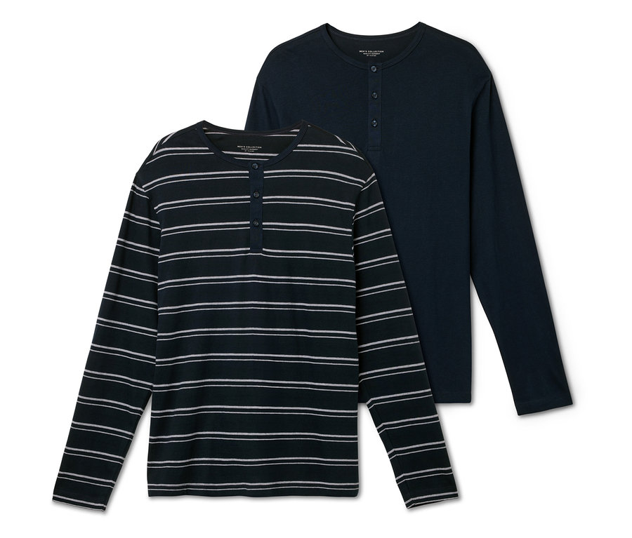 İki adet uzun kollu erkek tişörtü. Biri beyaz çizgili lacivert, diğeri düz lacivert.