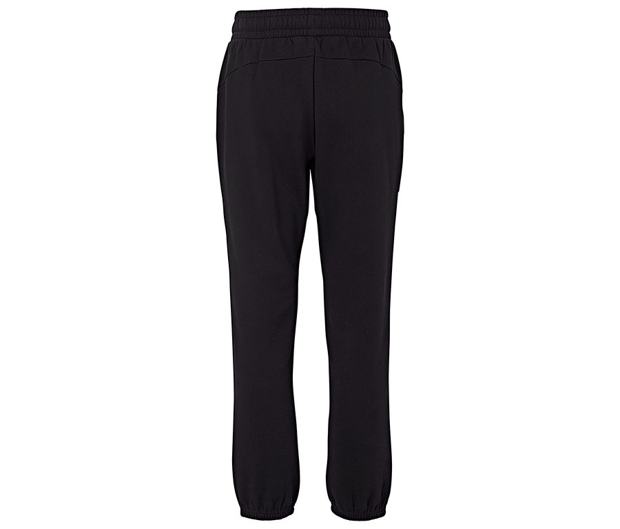 Bel kısmında büzgü ipli ve elastik manşetli siyah bir eşofmanın arka görünümü.