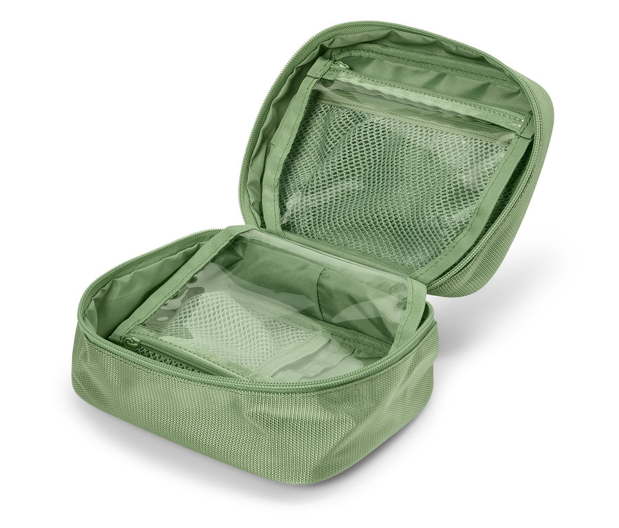 İçinde file cep bulunan açık, açık yeşil makyaj çantası.