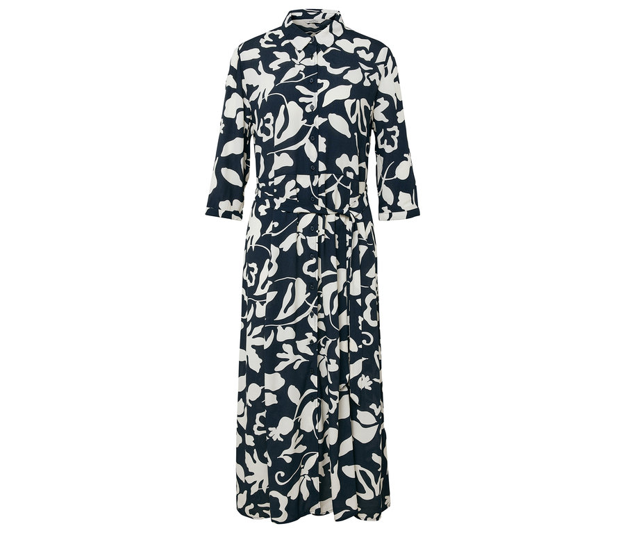 Lacivert zemin üzerine beyaz çiçek desenli, uzun gömlek elbise.