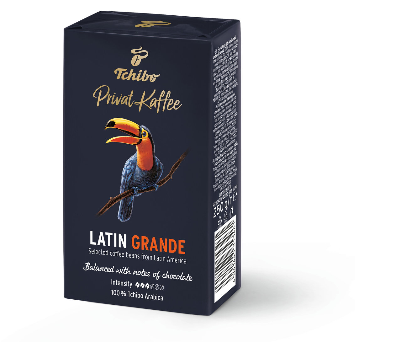 Tukan illüstrasyonlu Tchibo Privat Kaffee Latin Grande paketi.