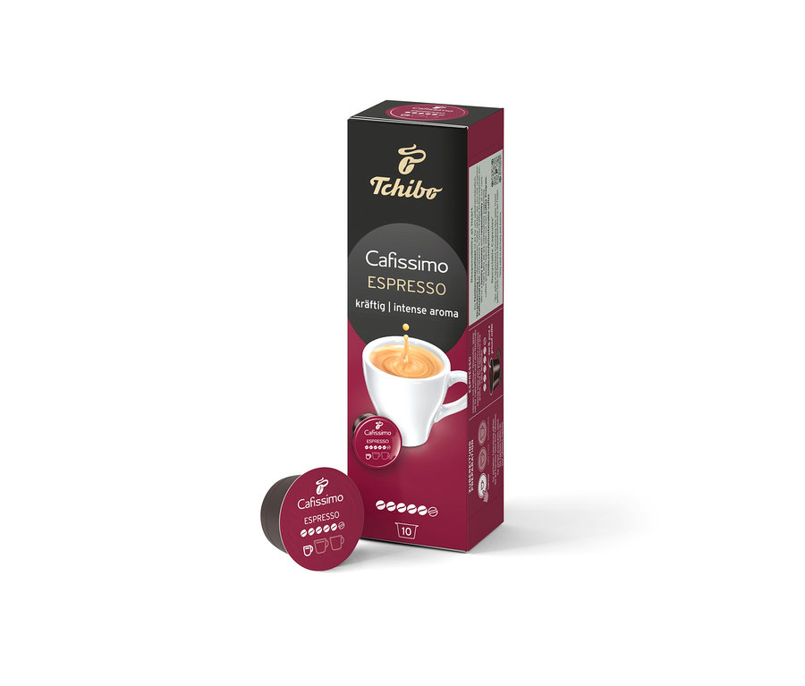 Bir kutu Cafissimo Espresso Intense Aroma 10 kapsül, tek bir kapsülün yanında duruyor.