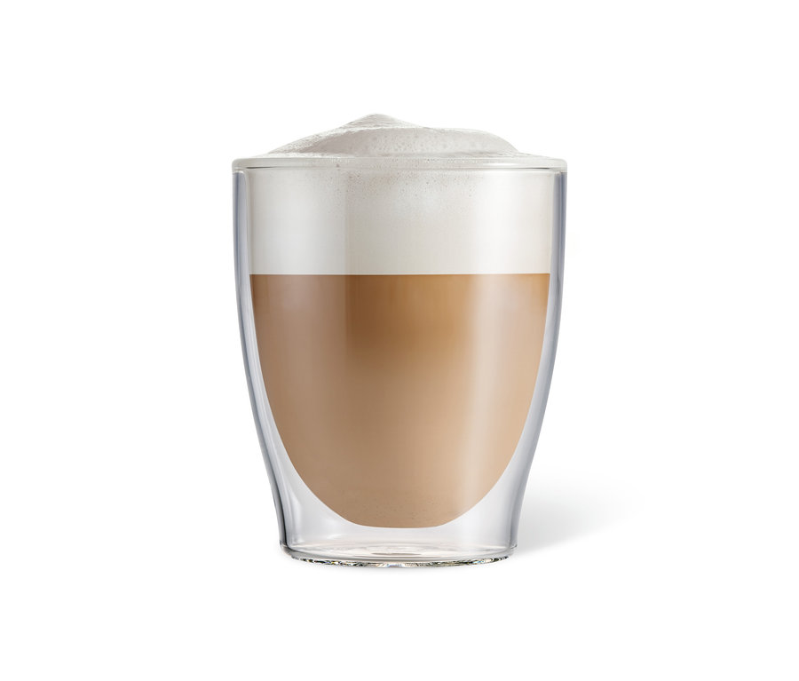 Çift cidarlı Caffè Crema bardağında köpüklü kahve.