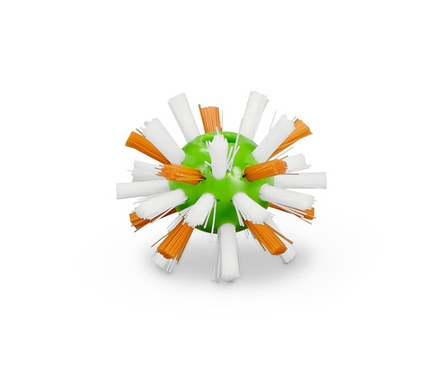 Yeşil küresel bir gövde üzerinde beyaz ve turuncu kıllara sahip 3 adet Şişe Temizleme Topu'nun yakın çekimi.