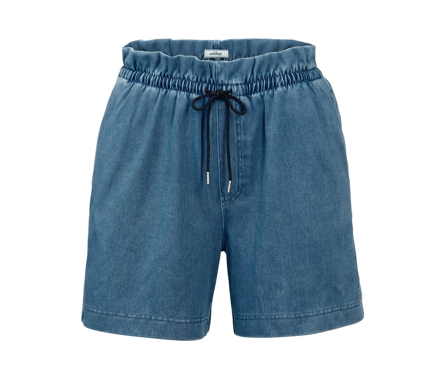 Siyah büzgülü ipli, denim görünümlü mavi şort.