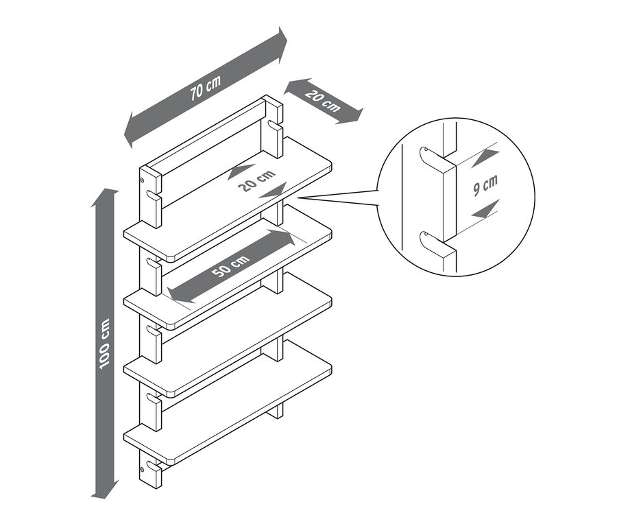 Ayarlanabilir raflara ve boyutlara sahip siyah beyaz bir duvar rafı şeması.