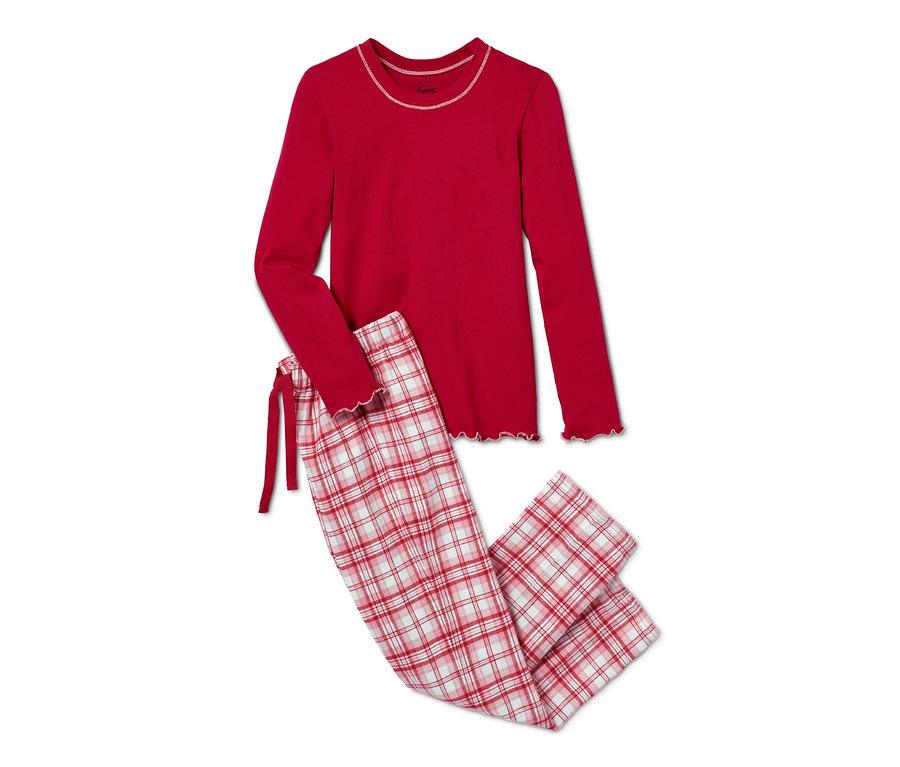 Kareli pantolonlu kırmızı organik pamuklu pijama takımı.