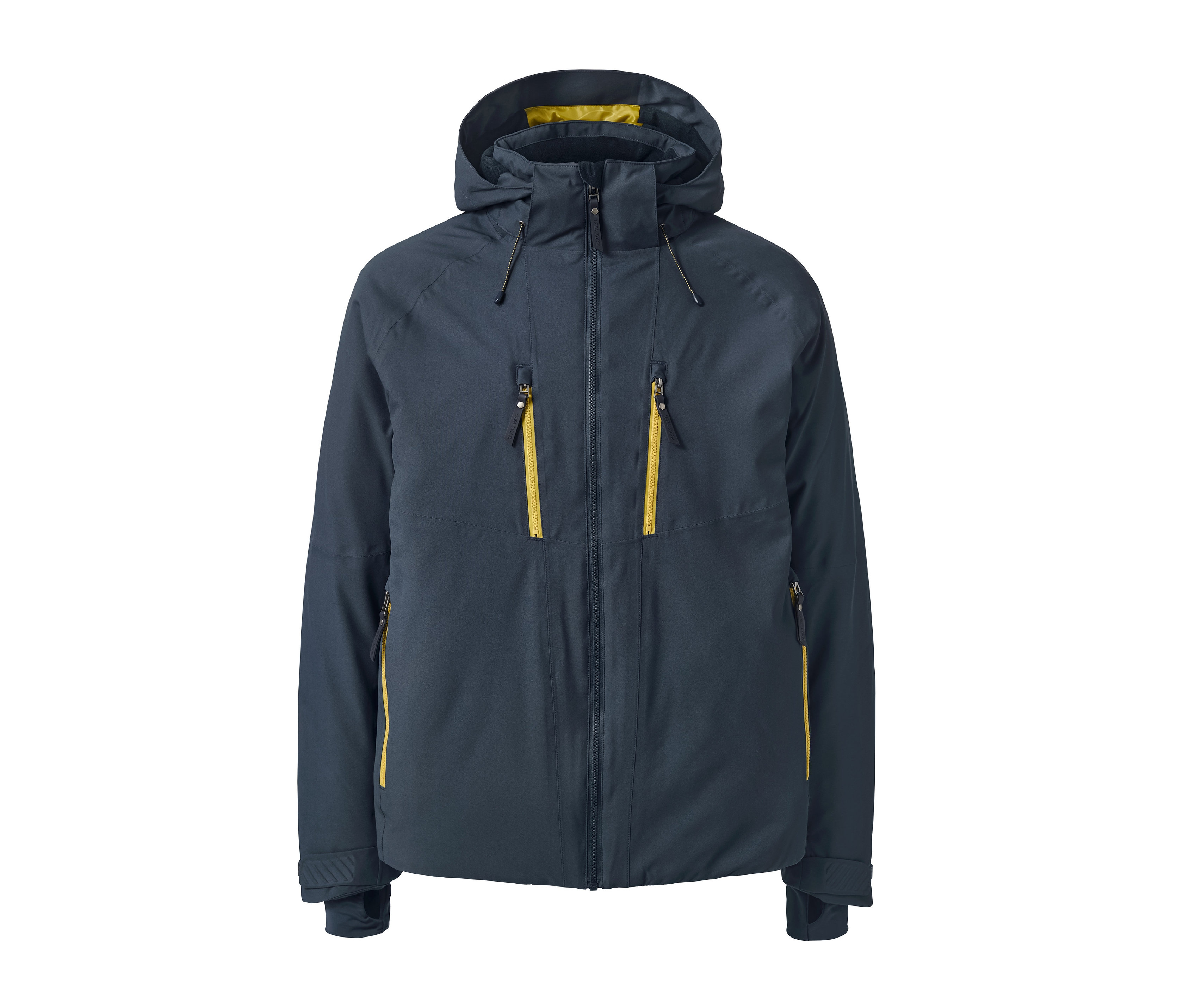 Kapüşonlu ve sarı fermuarlı, lacivert Yüksek Teknoloji Kayak Montu.